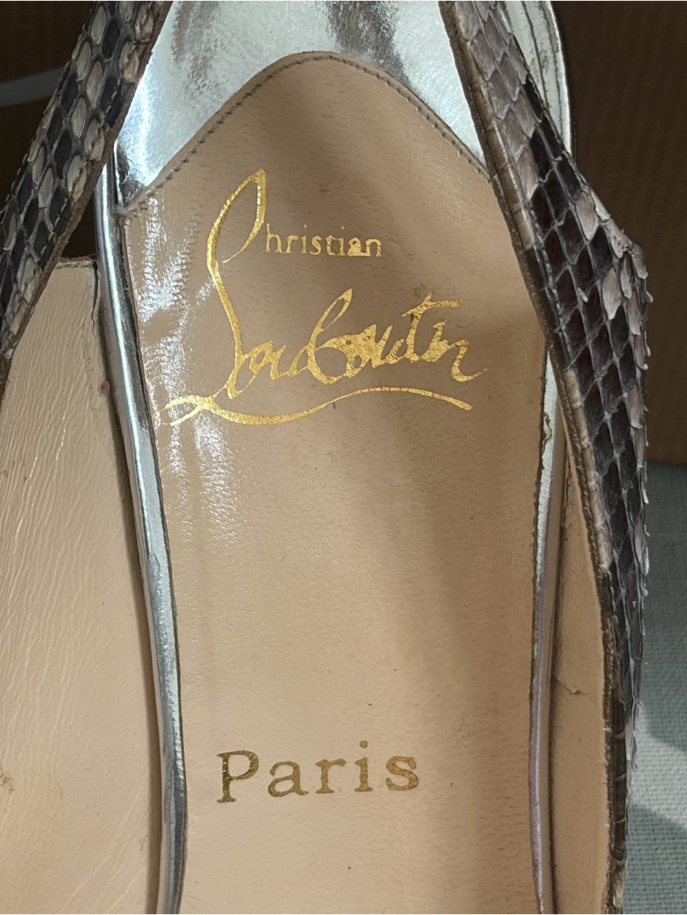 Christian Louboutin Snake-Print Slingback Pumps in Taupe and Black - Picture 2 of 5